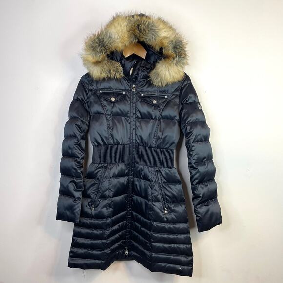 Laundry Shelli Segal Dark Navy Blue Faux Fur Down Cinched Puffer Coat womens M - Picture 3 of 17